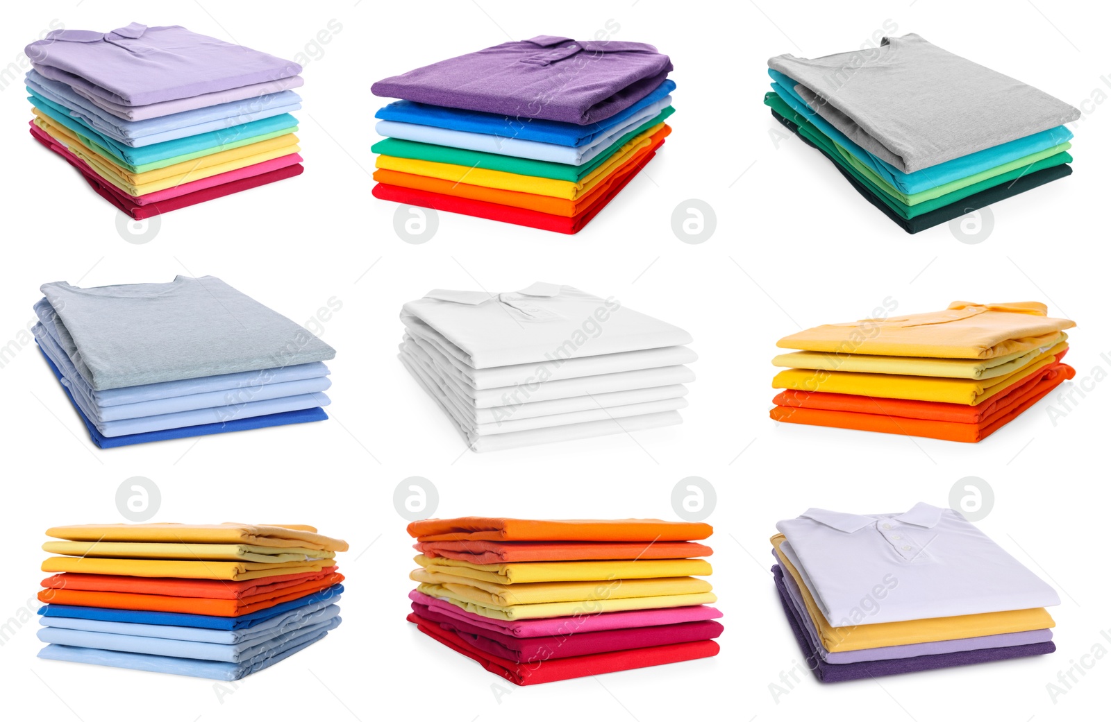 Image of Stacks of different t-shirts isolated on white, collage