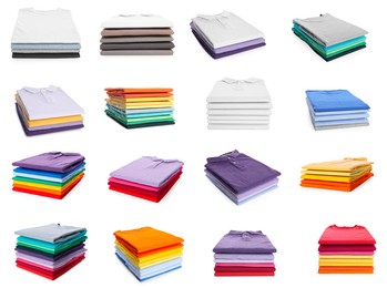 Image of Stacks of different t-shirts isolated on white, collage