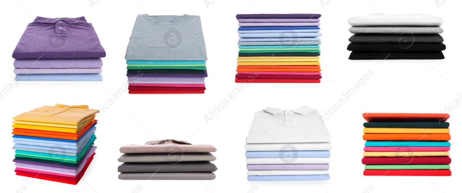 Image of Stacks of different t-shirts isolated on white, collage