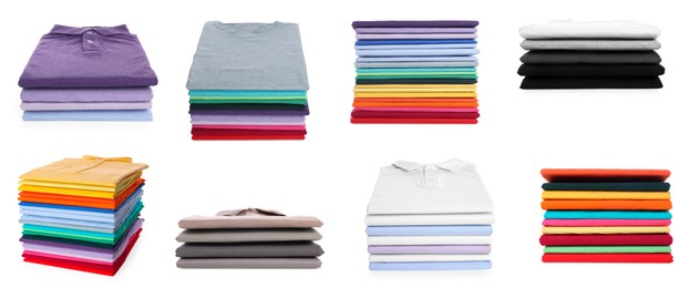 Stacks of different t-shirts isolated on white, collage