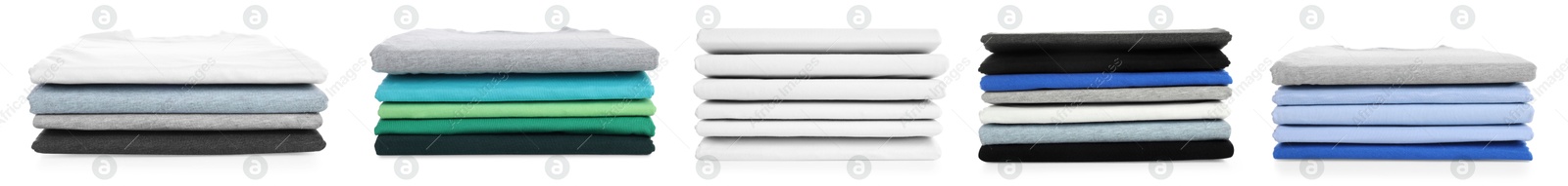 Image of Stacks of different t-shirts isolated on white, collage