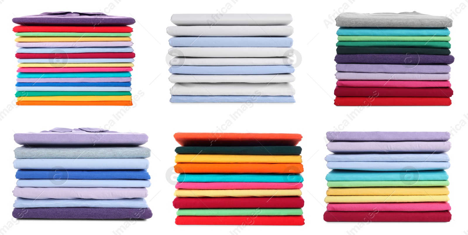 Image of Stacks of different t-shirts isolated on white, collage