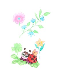 Photo of Watercolor painting of ladybug and beautiful flowers isolated on white