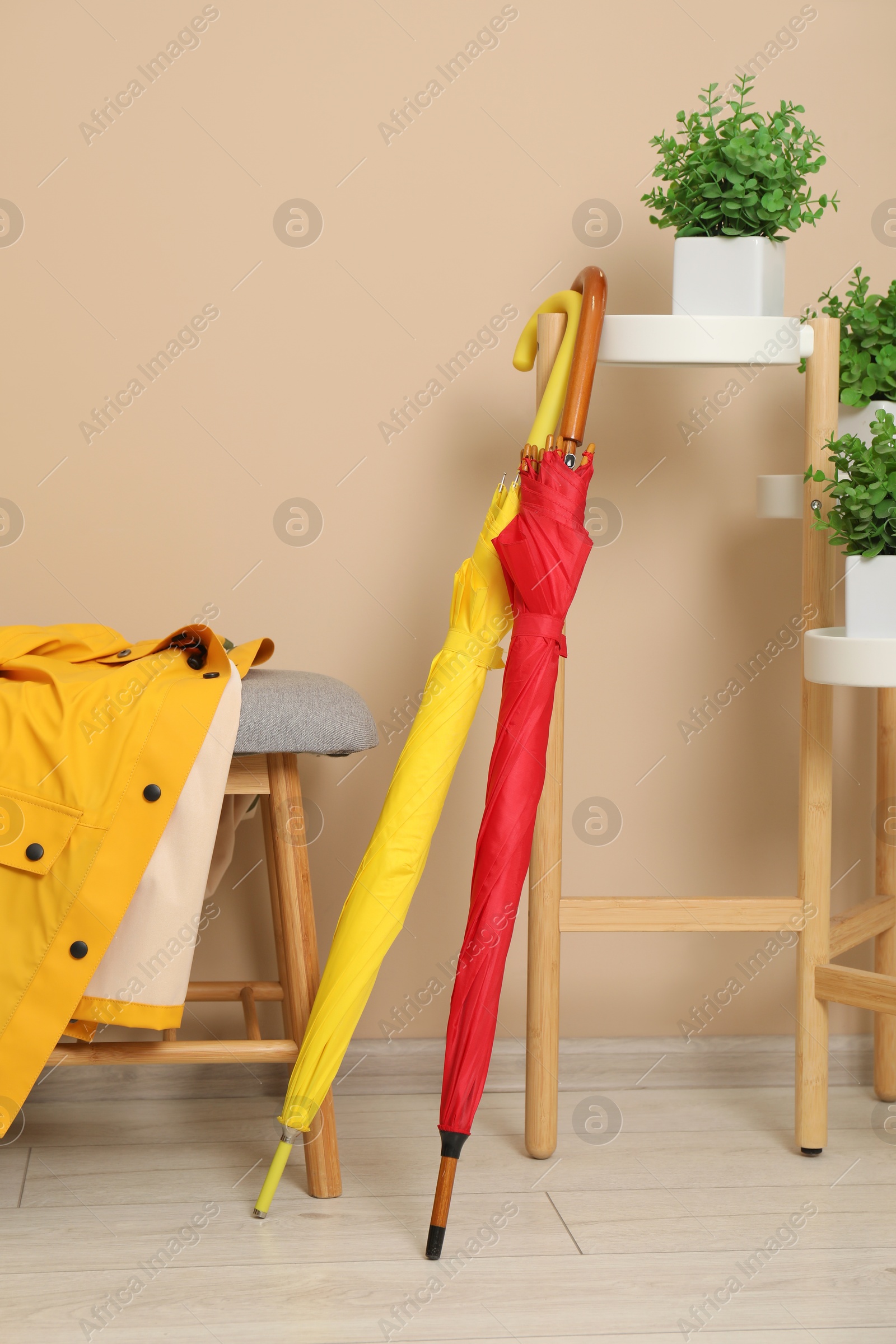 Photo of Colorful umbrellas, coat on bench and houseplants near beige wall