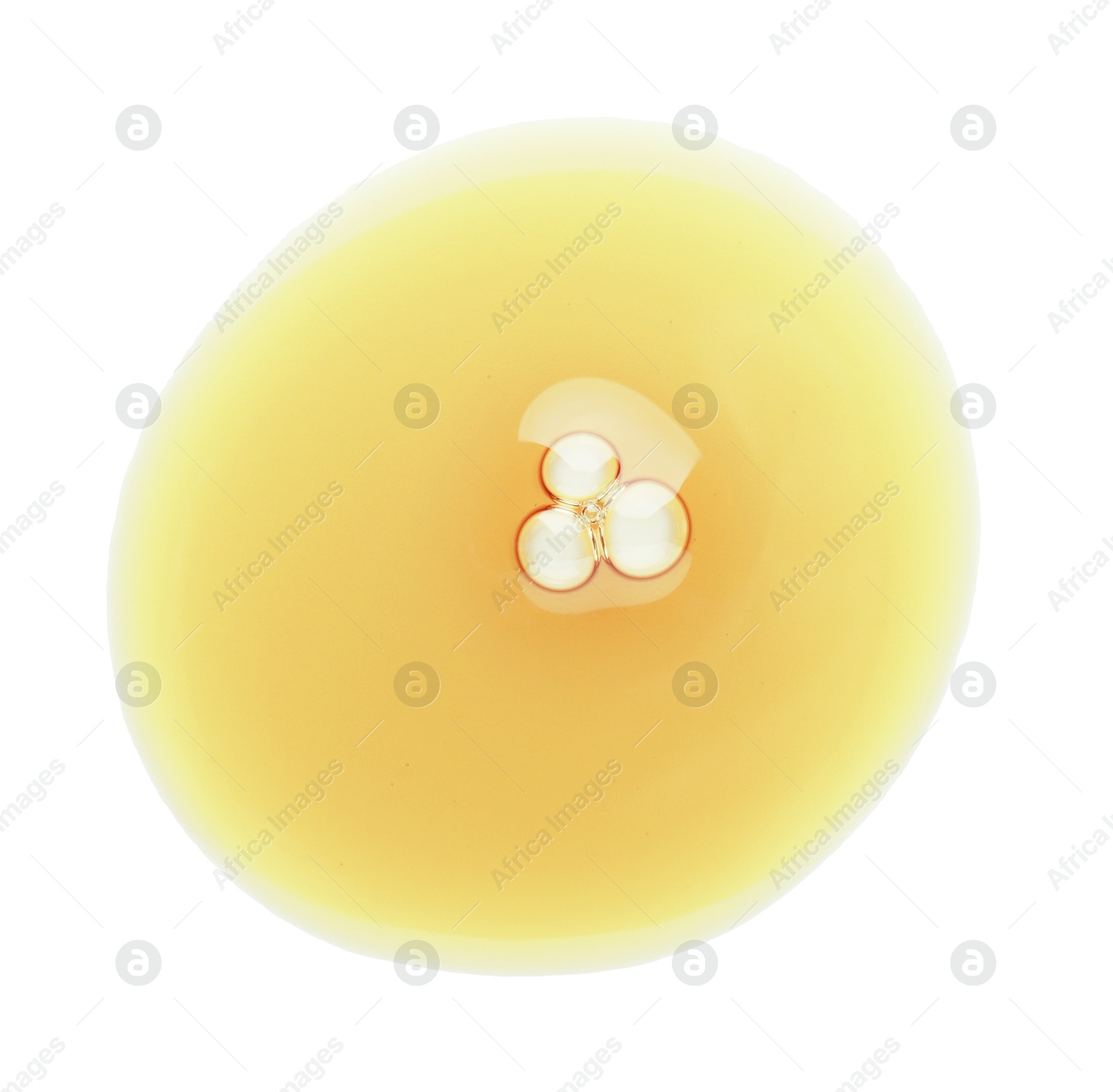 Photo of Essential oil drop isolated on white, top view. Cosmetic product