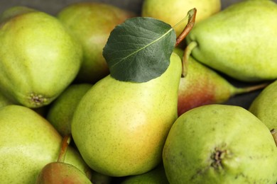 Photo of Many fresh ripe pears as background, closeup