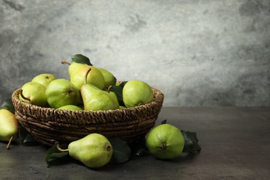 Photo of Many fresh ripe pears on grey table. Space for text