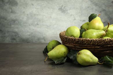 Photo of Many fresh ripe pears on grey table. Space for text