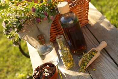 Photo of Different tinctures in bottles, bark chips and flowers on wooden bench outdoors