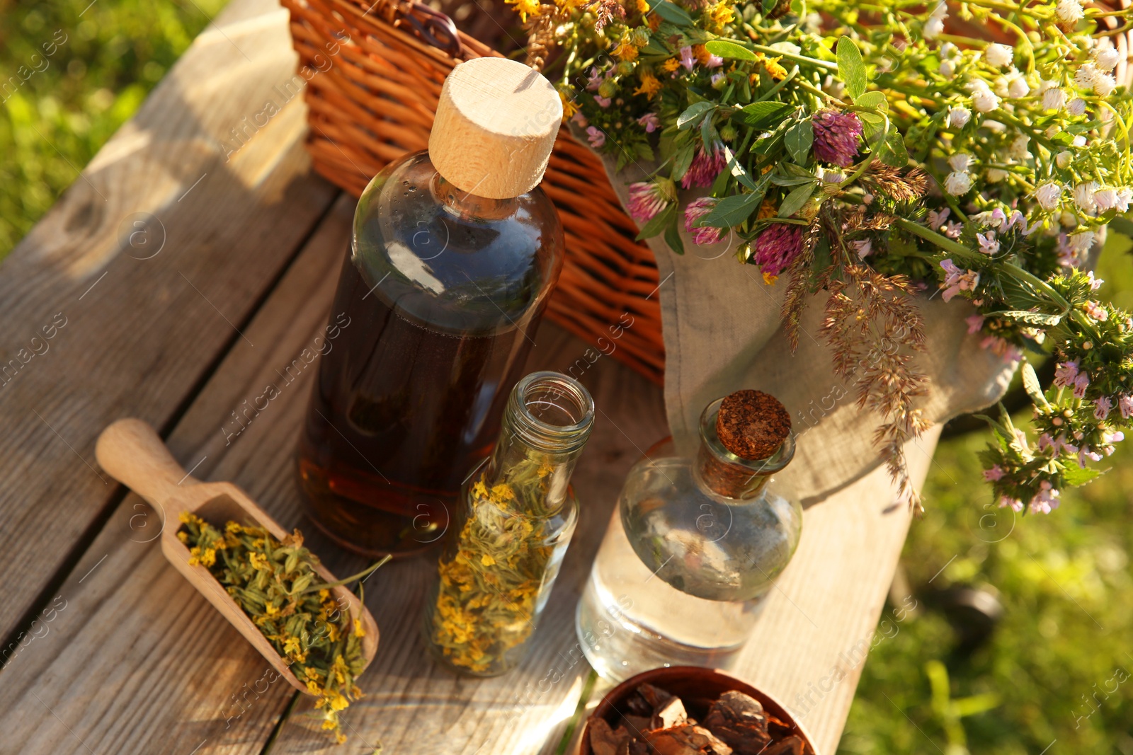 Photo of Different tinctures in bottles, flowers and bark chips on wooden table outdoors