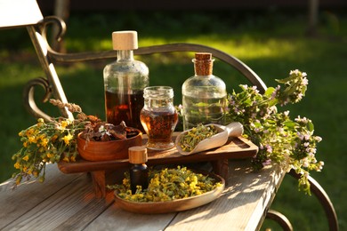 Photo of Different tinctures in bottles, bark chips and flowers on wooden bench outdoors