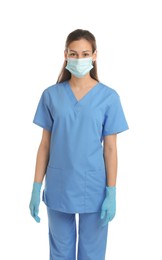 Photo of Beautiful nurse in medical mask and gloves on white background