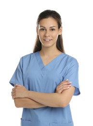 Smiling nurse in uniform on white background