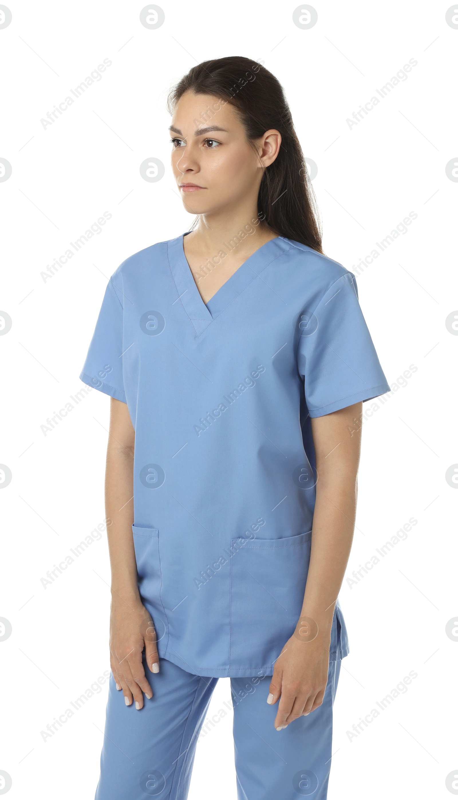 Photo of Beautiful nurse in uniform on white background