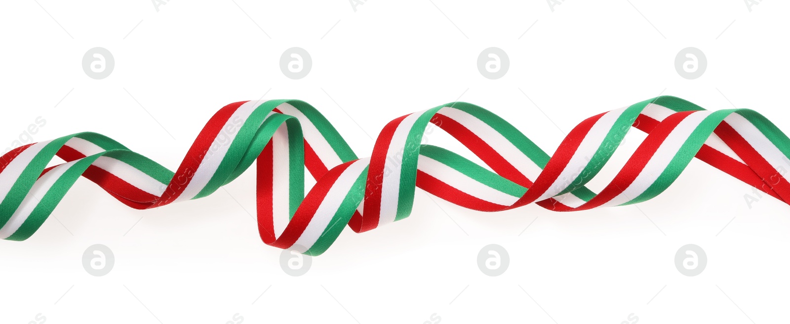 Photo of Ribbons with Hungary flag pattern isolated on white, top view