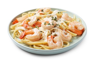 Photo of Delicious pasta with shrimps and creamy sauce isolated on white