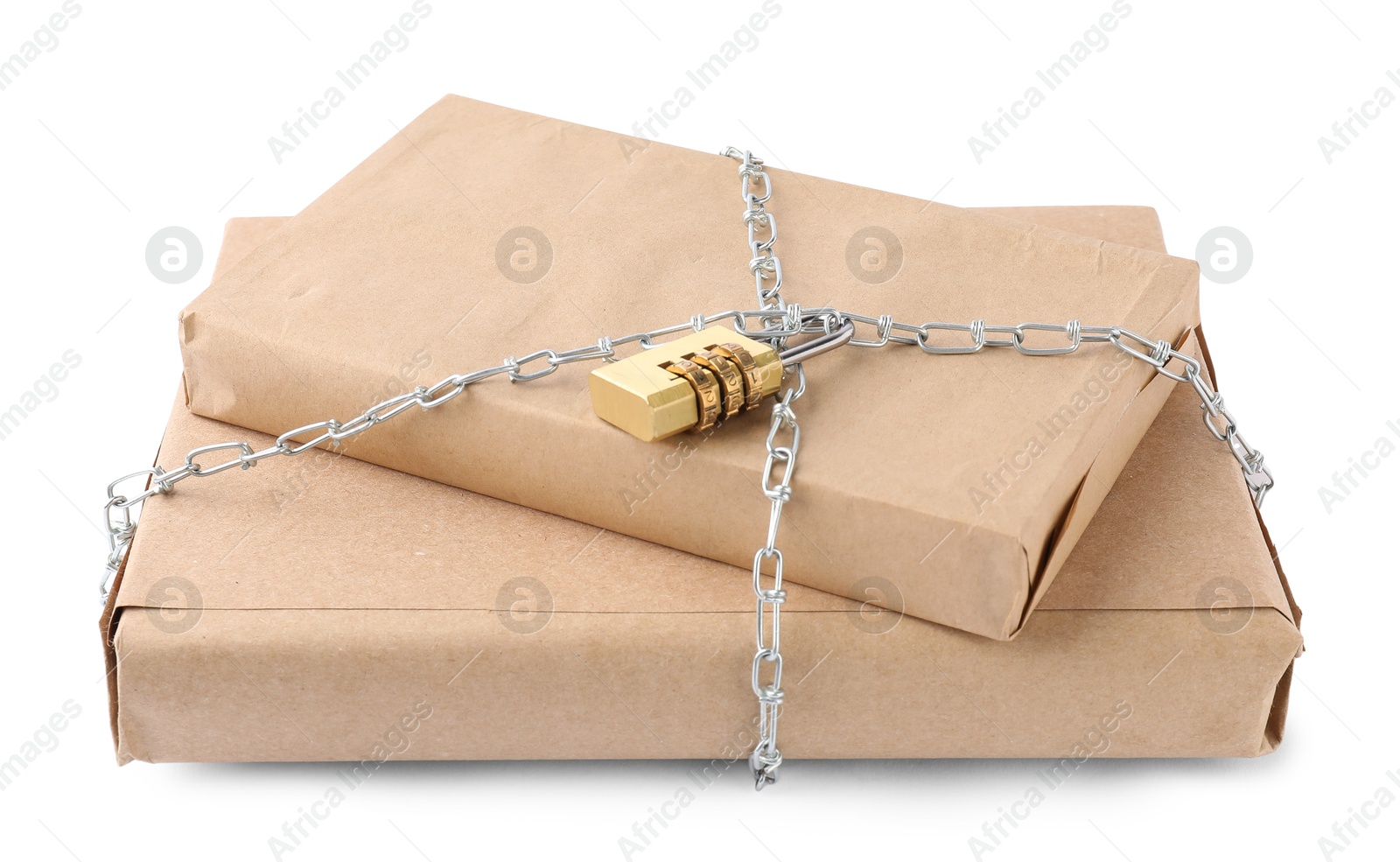 Photo of Parcels with chain and padlock isolated on white