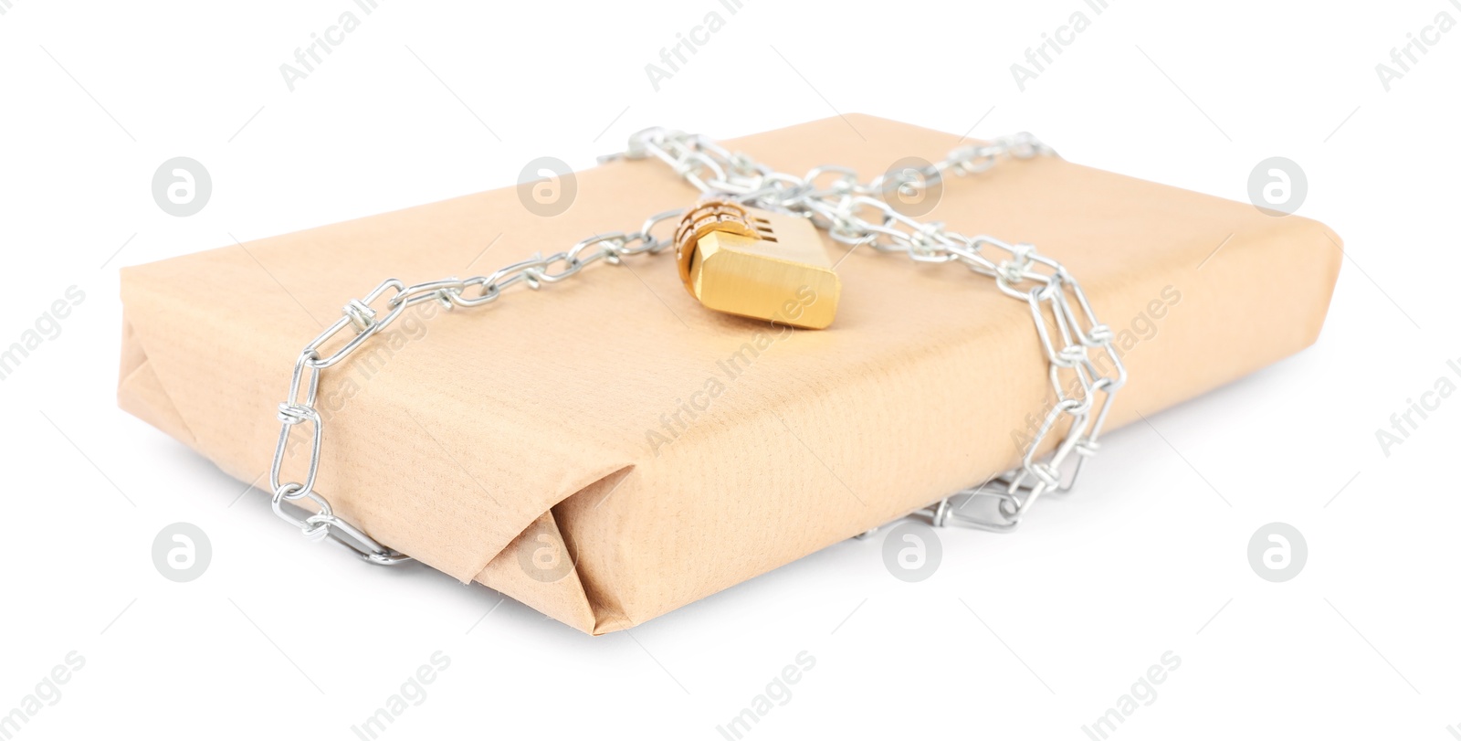 Photo of One parcel with chain and padlock isolated on white