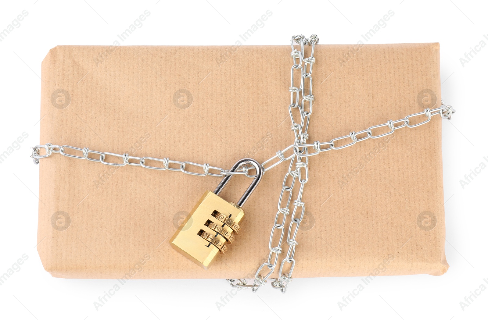 Photo of One parcel with chain and padlock isolated on white, top view