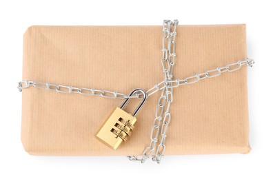 Photo of One parcel with chain and padlock isolated on white, top view