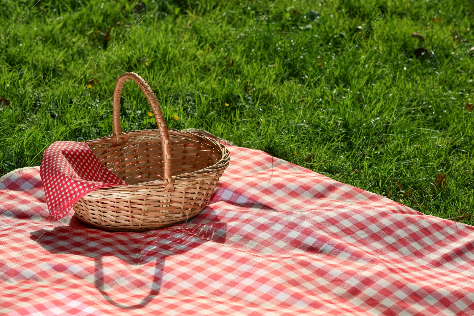 Photo of One picnic wicker basket with checkered napkin and blanket on green grass. Space for text