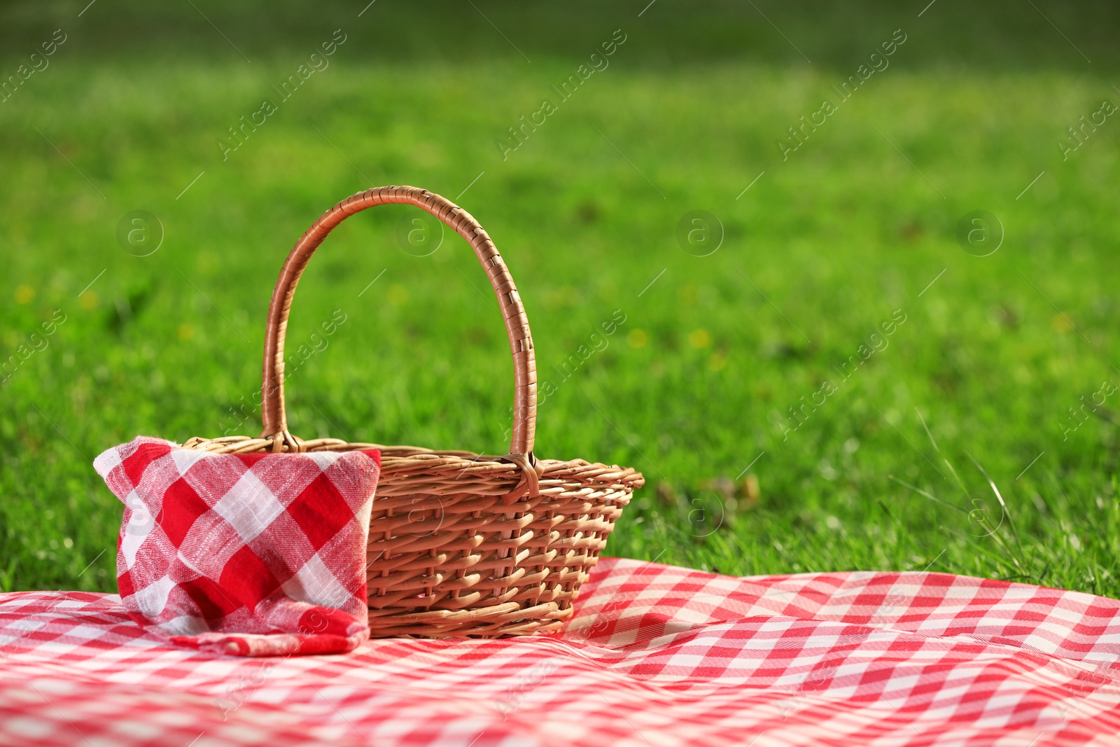 Photo of One picnic wicker basket with checkered napkin and blanket on green grass. Space for text