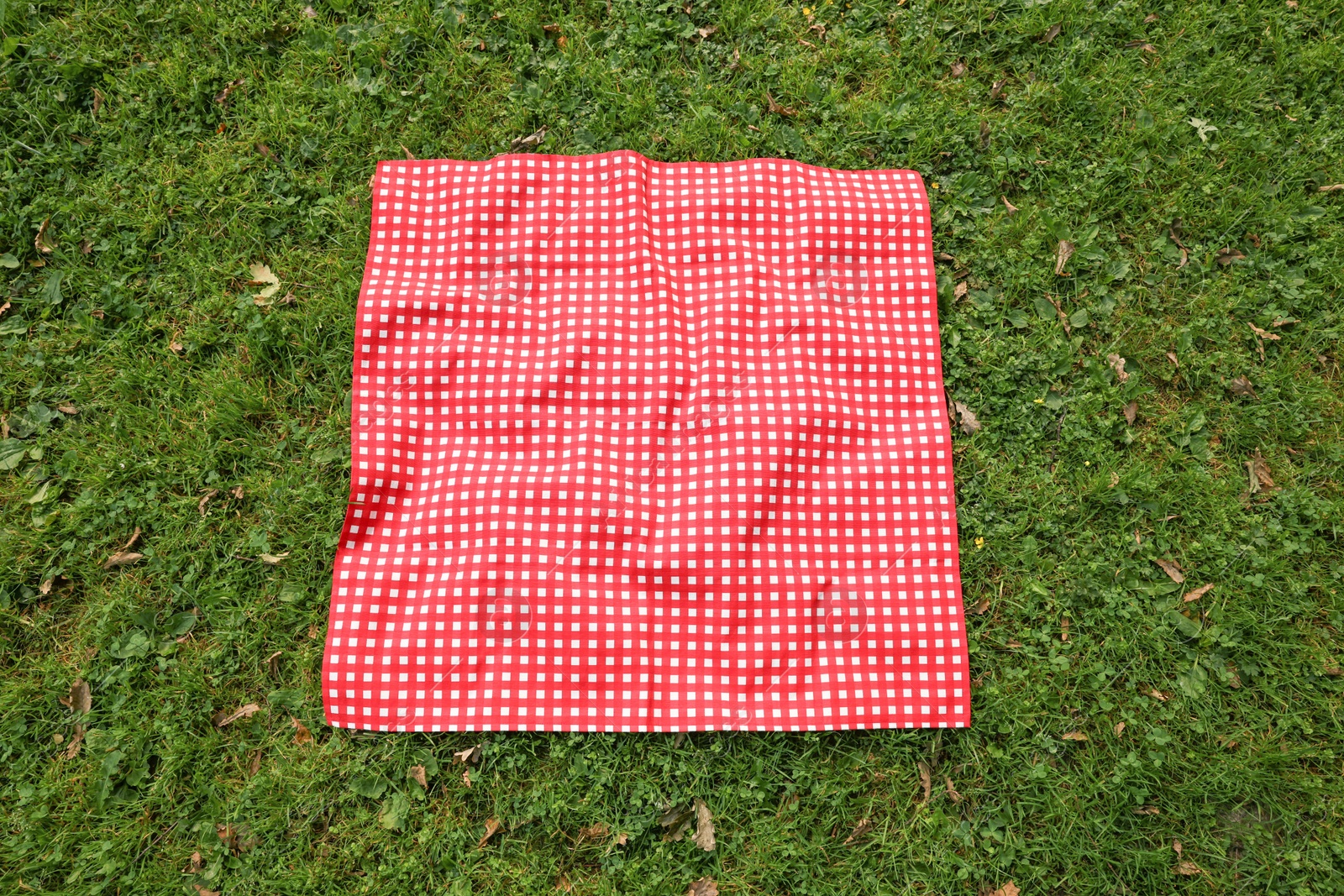 Photo of One checkered picnic tablecloth on green grass, above view