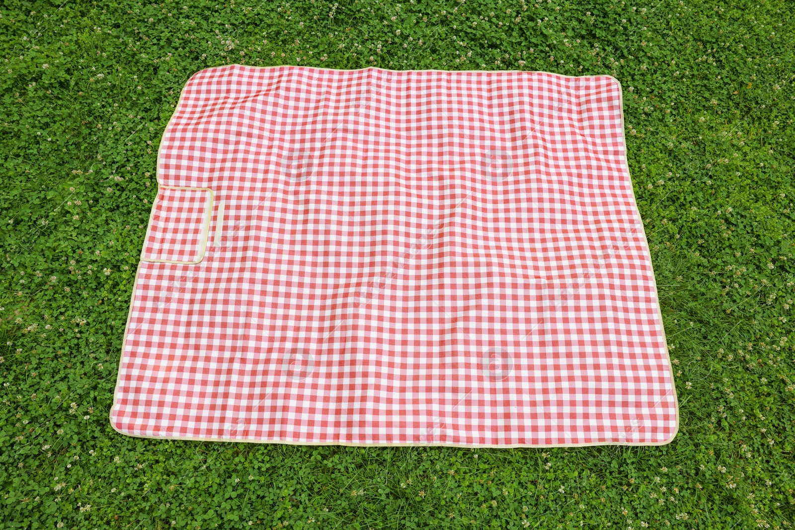 One checkered picnic tablecloth on green grass Photo of One checkered picnic tablecloth on green grass