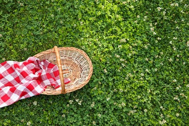 Photo of One picnic wicker basket on green grass, top view. Space for text