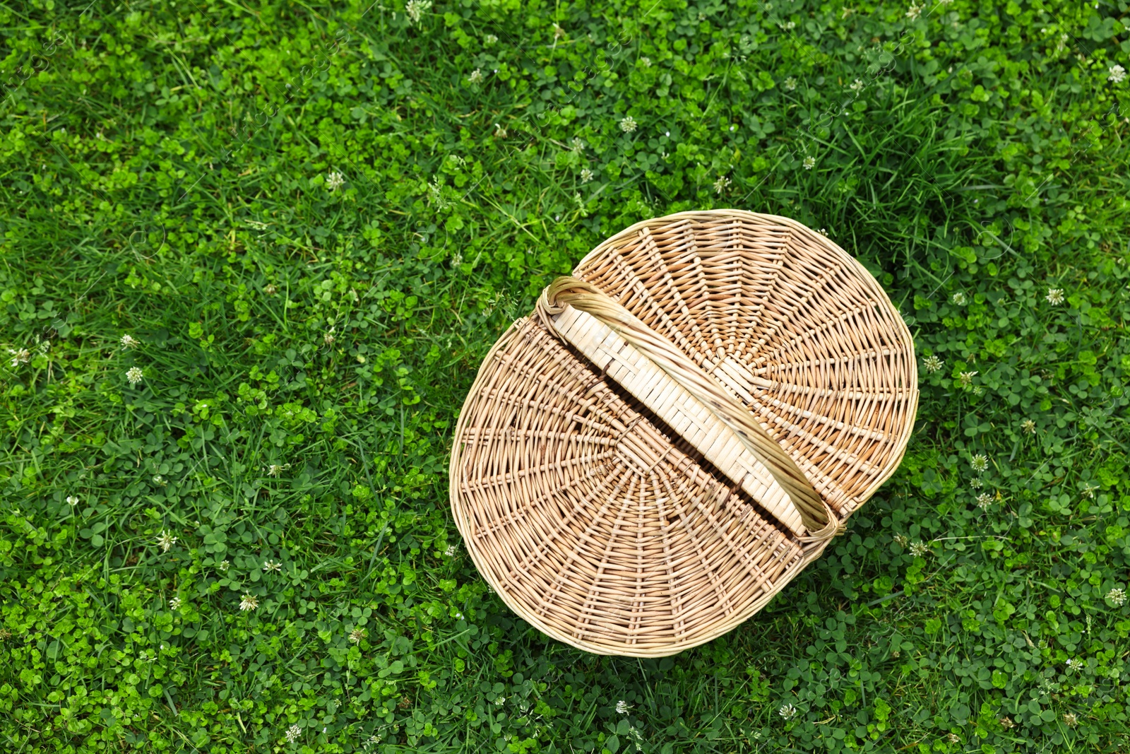 Photo of One picnic wicker basket on green grass, top view. Space for text