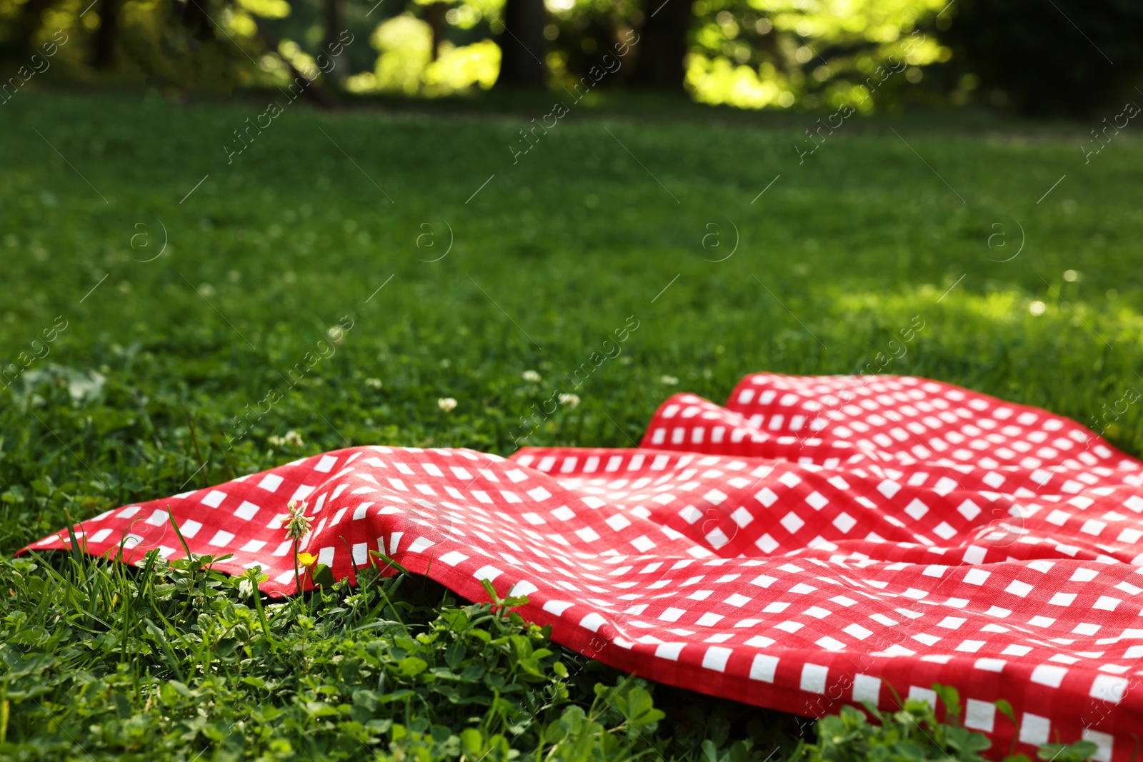 Photo of Checkered picnic tablecloth on green grass, closeup. Space for text