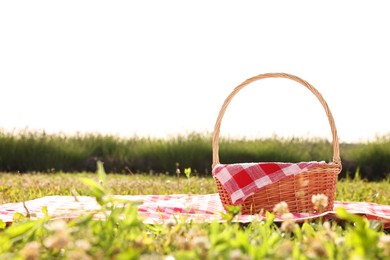 Photo of Picnic wicker basket with napkin and red checkered blanket on green grass outdoors, space for text