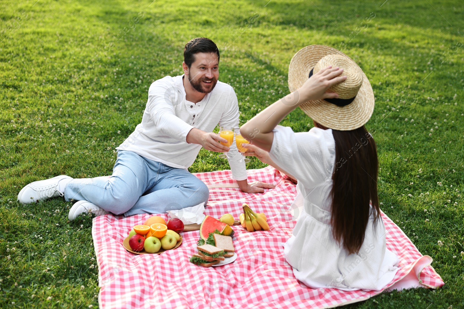 Photo of Smiling couple clinking glasses of juice on picnic blanket outdoors