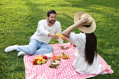 Smiling couple clinking glasses of juice on picnic blanket outdoors