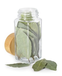 Dry bay leaves in glass jar isolated on white