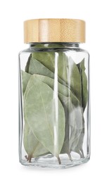 Photo of Dry bay leaves in glass jar isolated on white