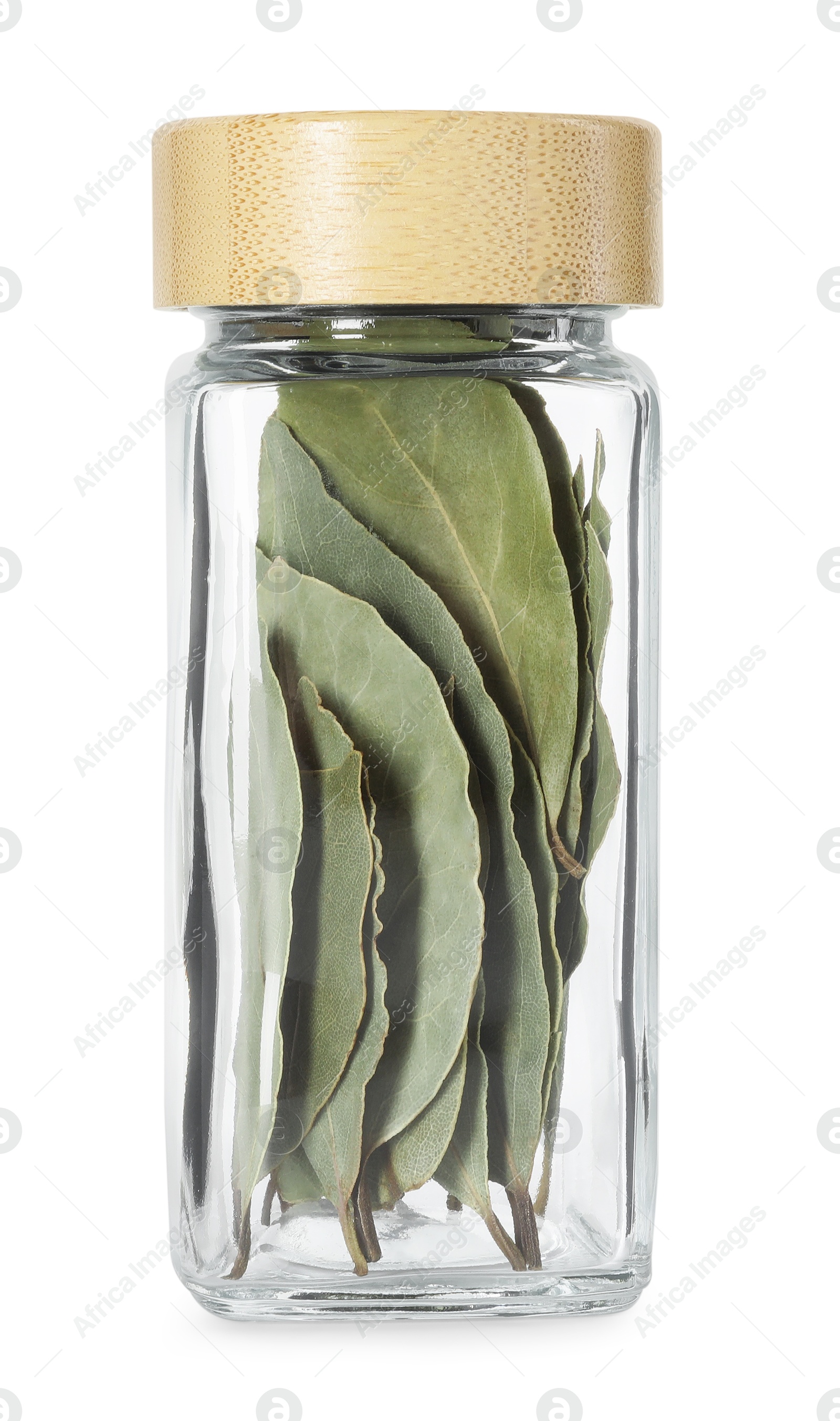 Photo of Dry bay leaves in glass jar isolated on white