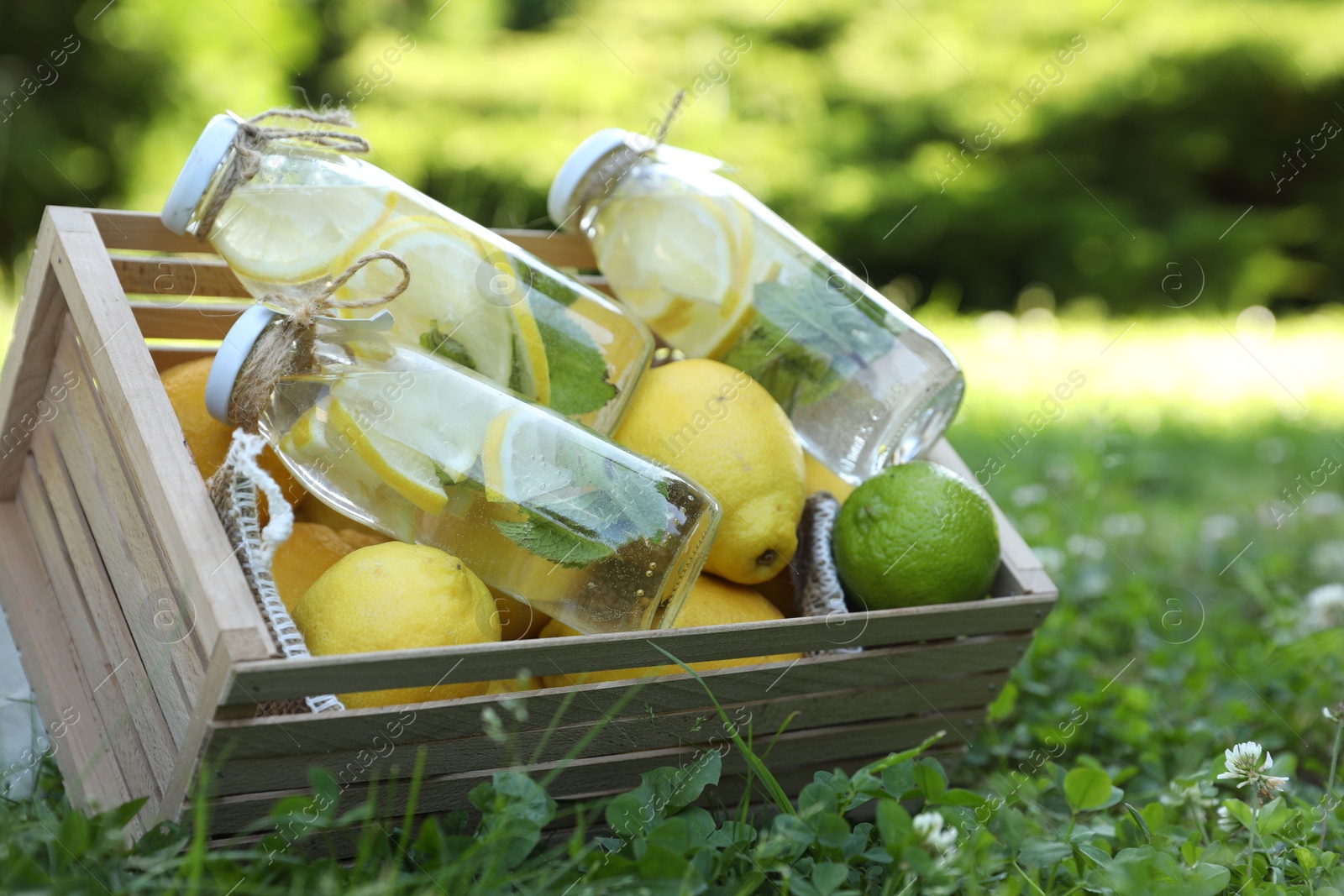 Photo of Refreshing lemonade with mint and fresh fruits in wooden crate on green grass outdoors