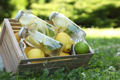 Refreshing lemonade with mint and fresh fruits in wooden crate on green grass outdoors