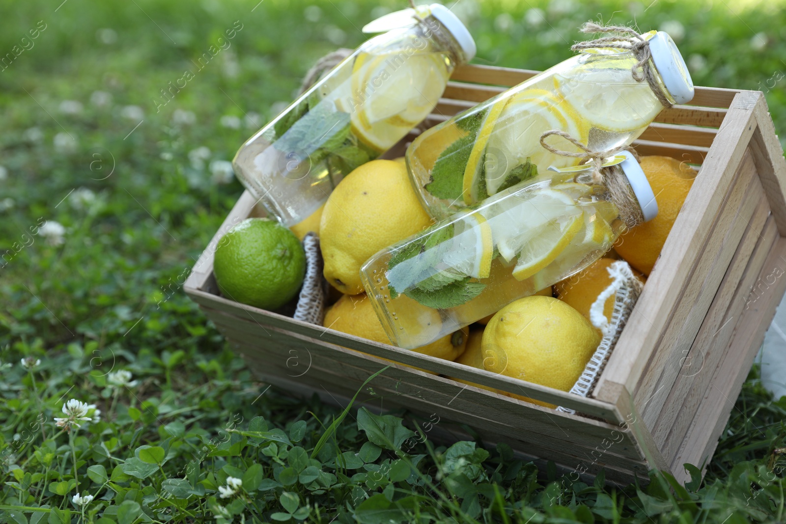 Photo of Refreshing lemonade with mint and fresh fruits in wooden crate on green grass outdoors