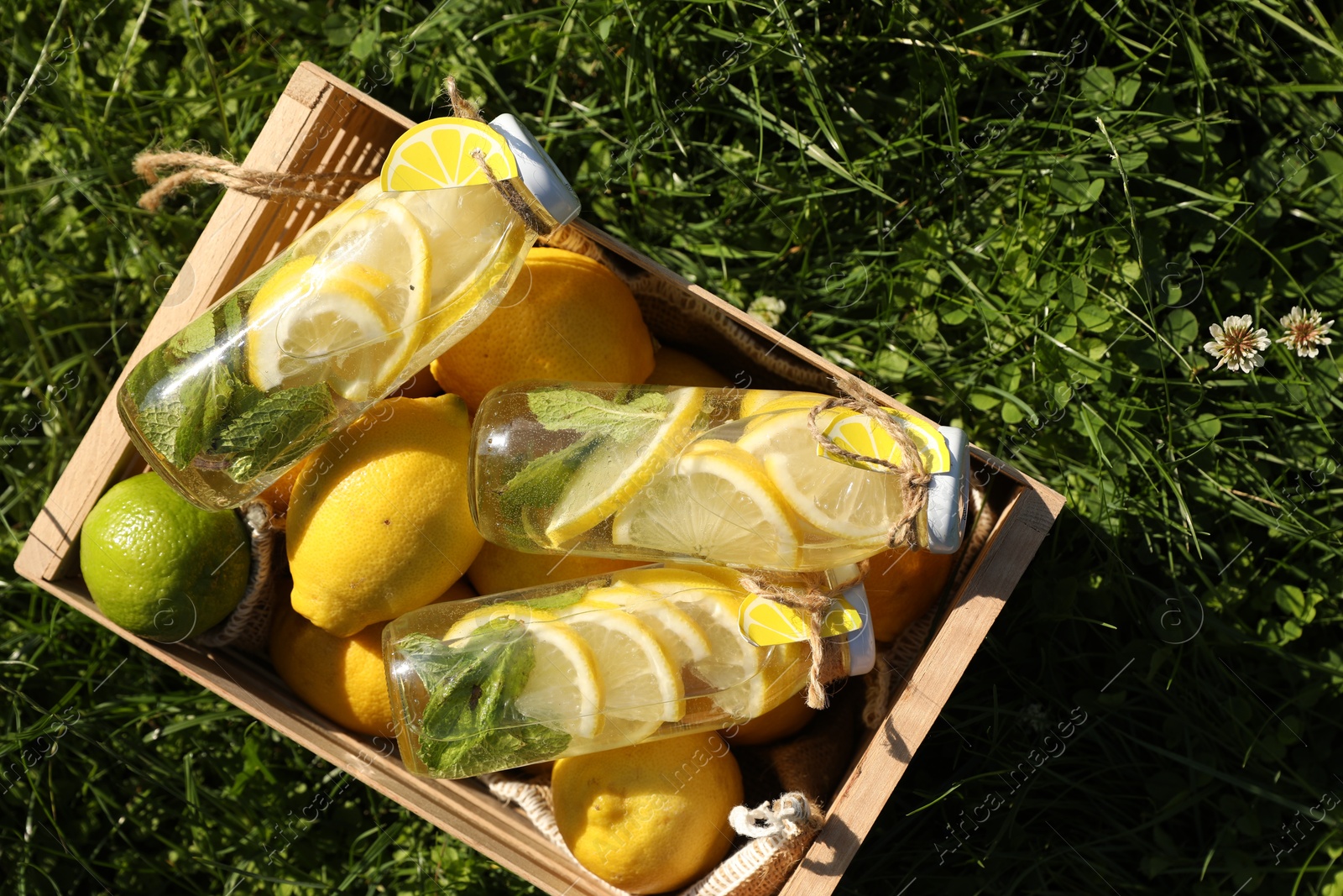 Photo of Refreshing lemonade with mint and fresh fruits in wooden crate on green grass outdoors, top view