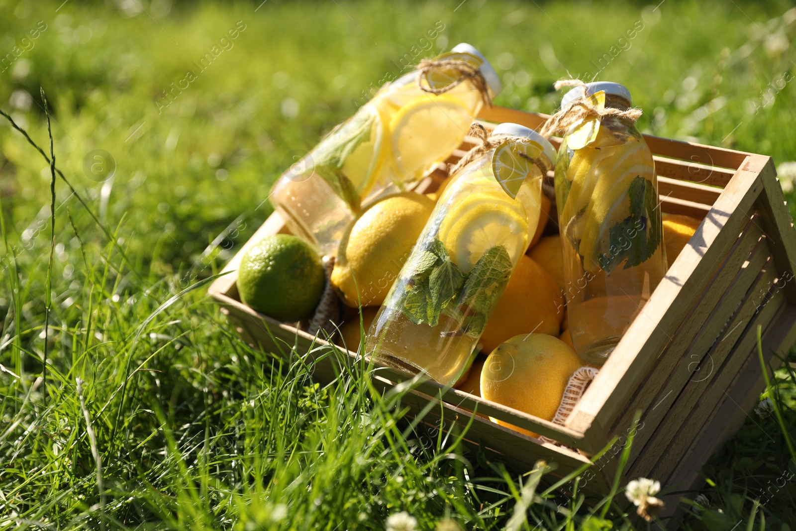 Photo of Refreshing lemonade with mint and fresh fruits in wooden crate on green grass outdoors