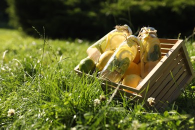 Photo of Refreshing lemonade with mint and fresh fruits in wooden crate on green grass outdoors