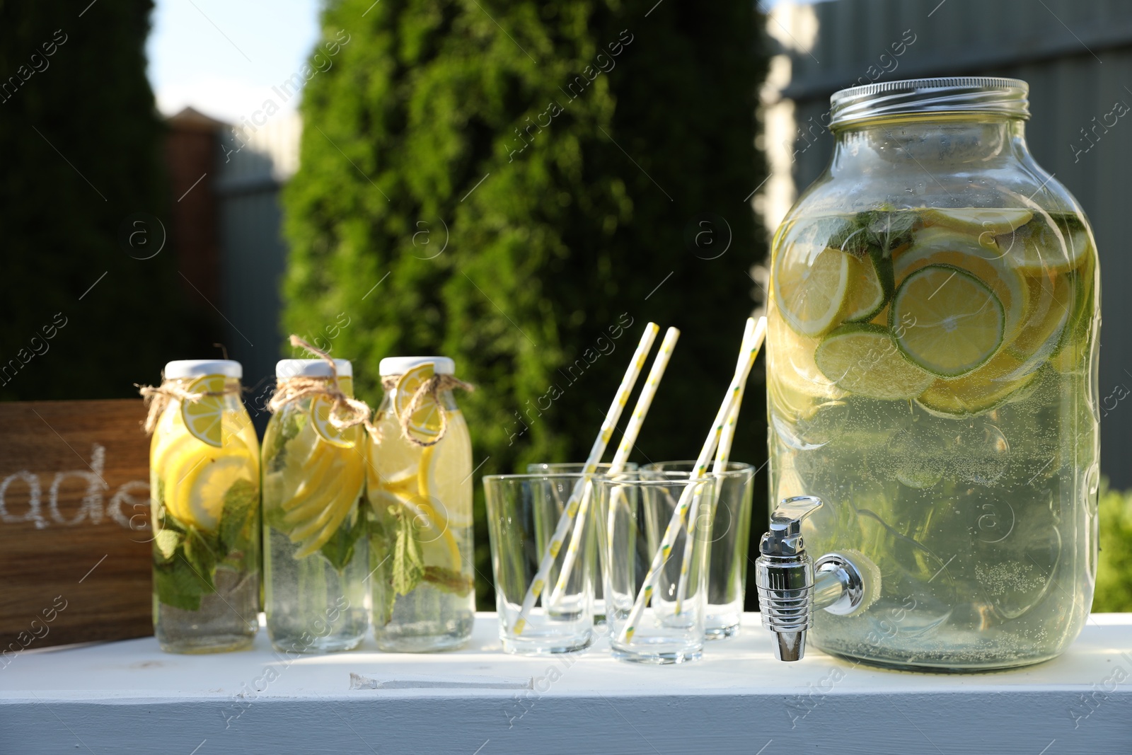 Photo of Lemonade stand with refreshing drink and fresh fruits in park