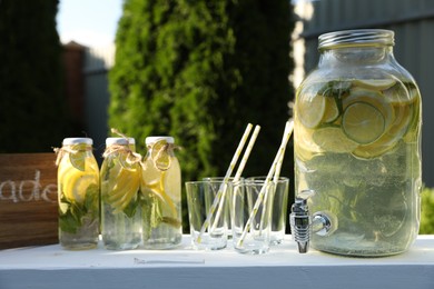 Lemonade stand with refreshing drink and fresh fruits in park