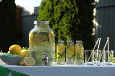 Lemonade stand with refreshing drink and fresh fruits in park