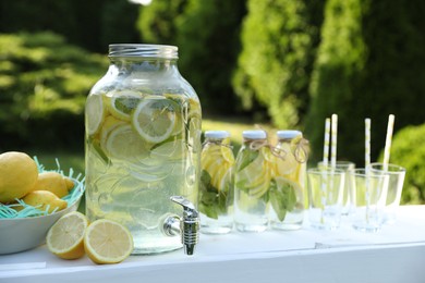 Photo of Lemonade stand with refreshing drink and fresh fruits in park