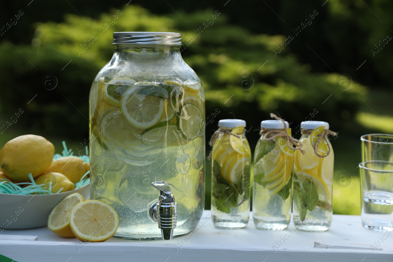 Photo of Lemonade stand with refreshing drink and fresh fruits in park