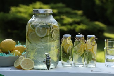 Lemonade stand with refreshing drink and fresh fruits in park