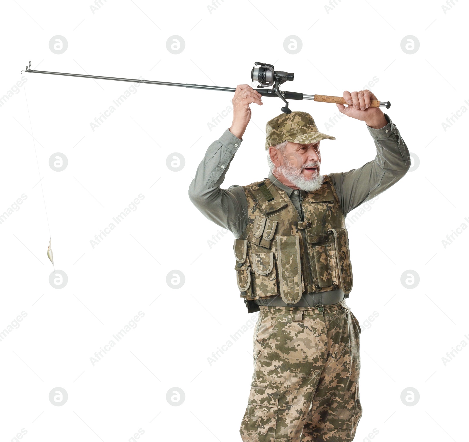 Photo of Fisherman with fishing rod on white background